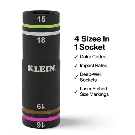 Diagram detailing 4 metric sizes in 1 socket body, color-coded rings, deep-well profile, and impact-rated alloy steel construction.