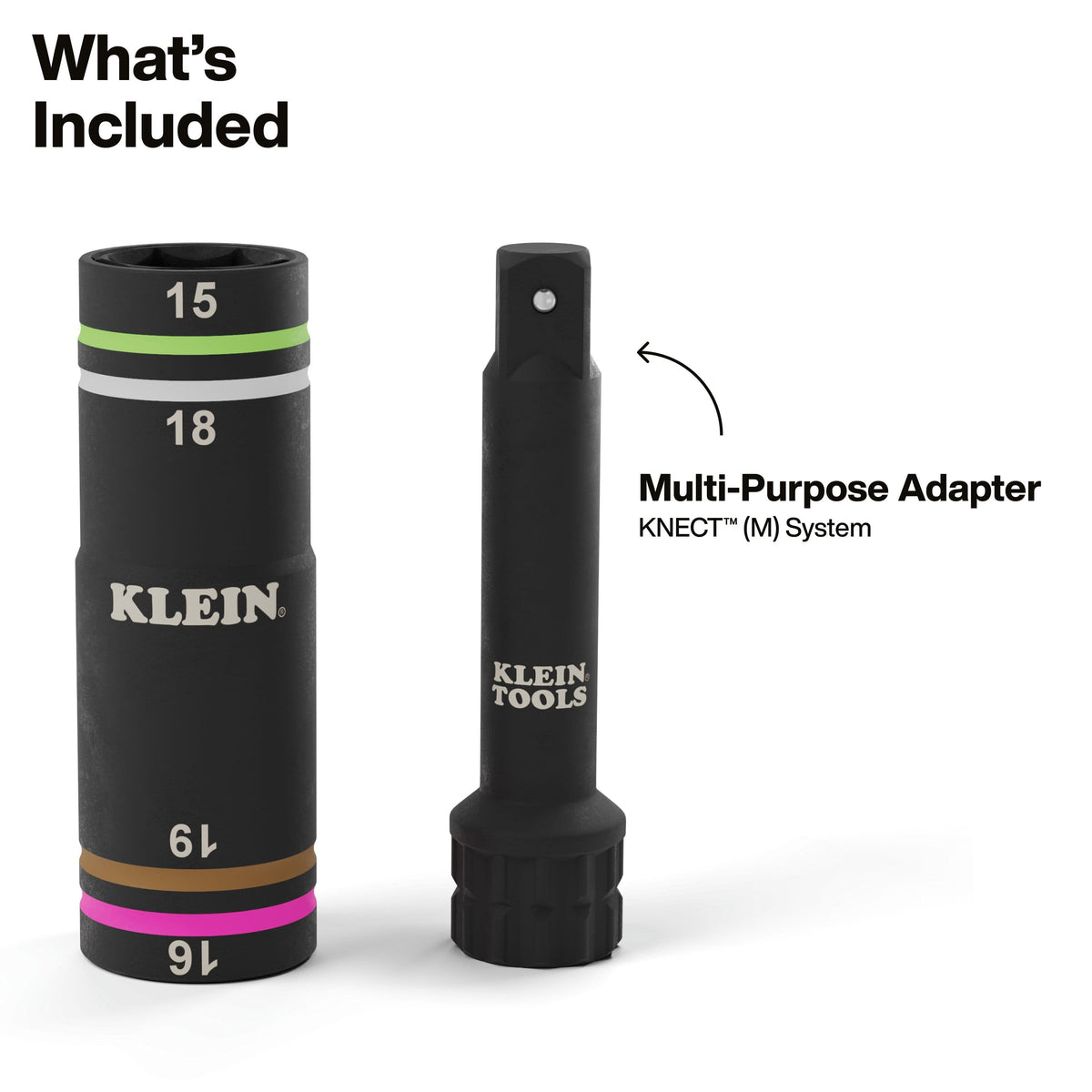 Overview of included components showing the Klein Quad-4 coaxial metric socket alongside the KNECT M multi-purpose extension adapter.