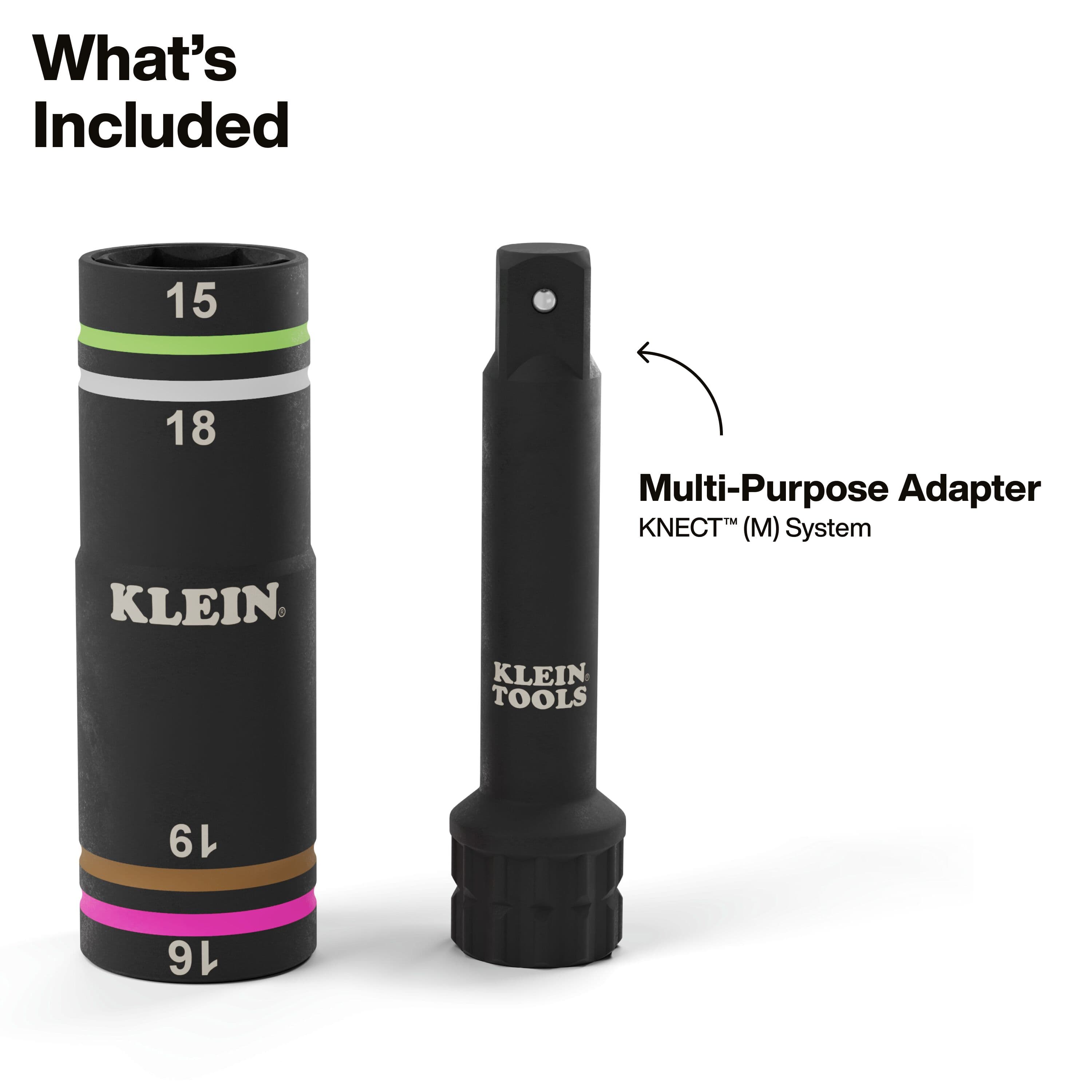 Overview of included components showing the Klein Quad-4 coaxial metric socket alongside the KNECT M multi-purpose extension adapter.