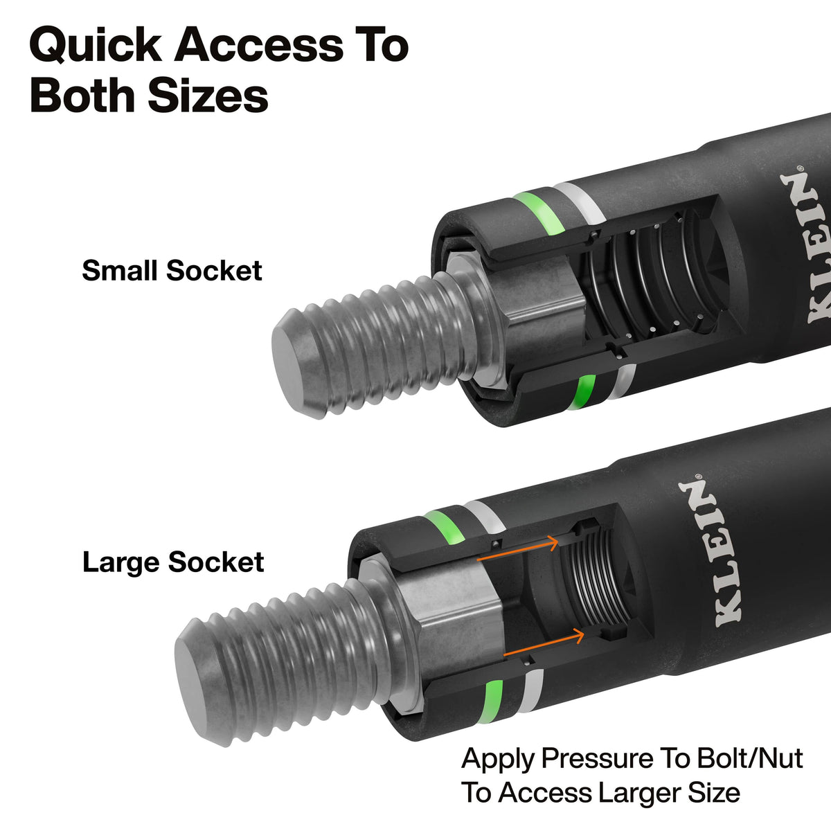Diagram demonstrating spring-loaded coaxial socket action where forward pressure retracts inner sleeve walls to engage larger metric hex heads.