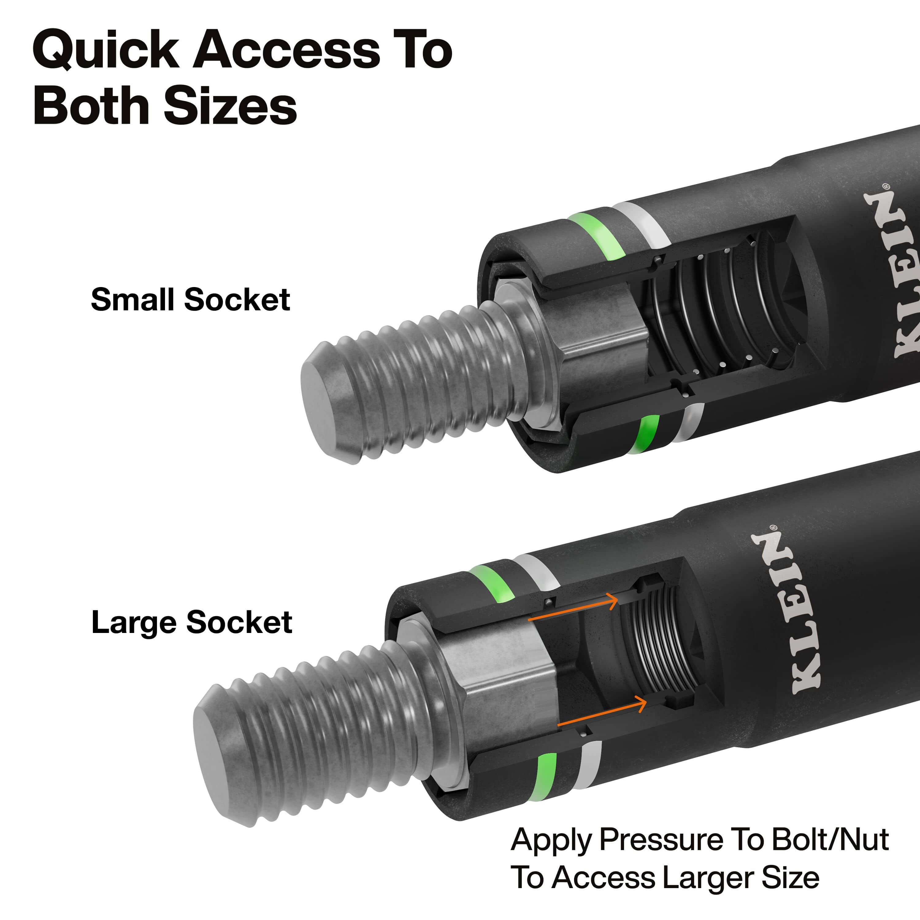 Diagram demonstrating spring-loaded coaxial socket action where forward pressure retracts inner sleeve walls to engage larger metric hex heads.