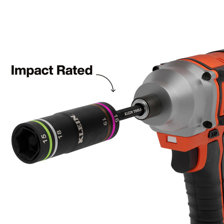 Klein 6513MQS Quad-4 metric flip socket mounted on a power impact driver chuck to highlight high-torque impact compatibility.