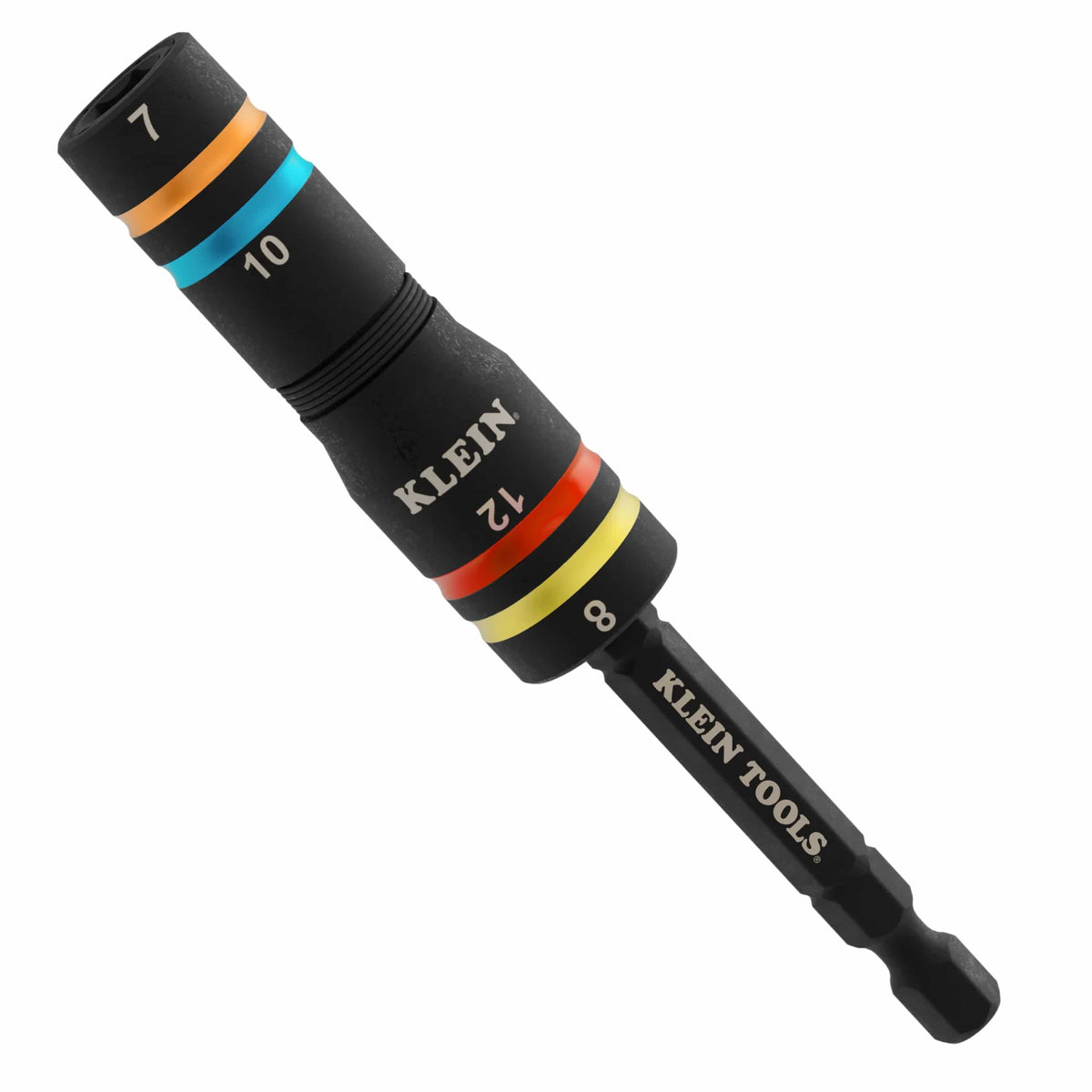 Klein 651MQS Quad-4 metric impact flip socket set displaying 7mm, 10mm, 12mm, and 8mm color-coded sizes on a 1/4-inch drive adapter.