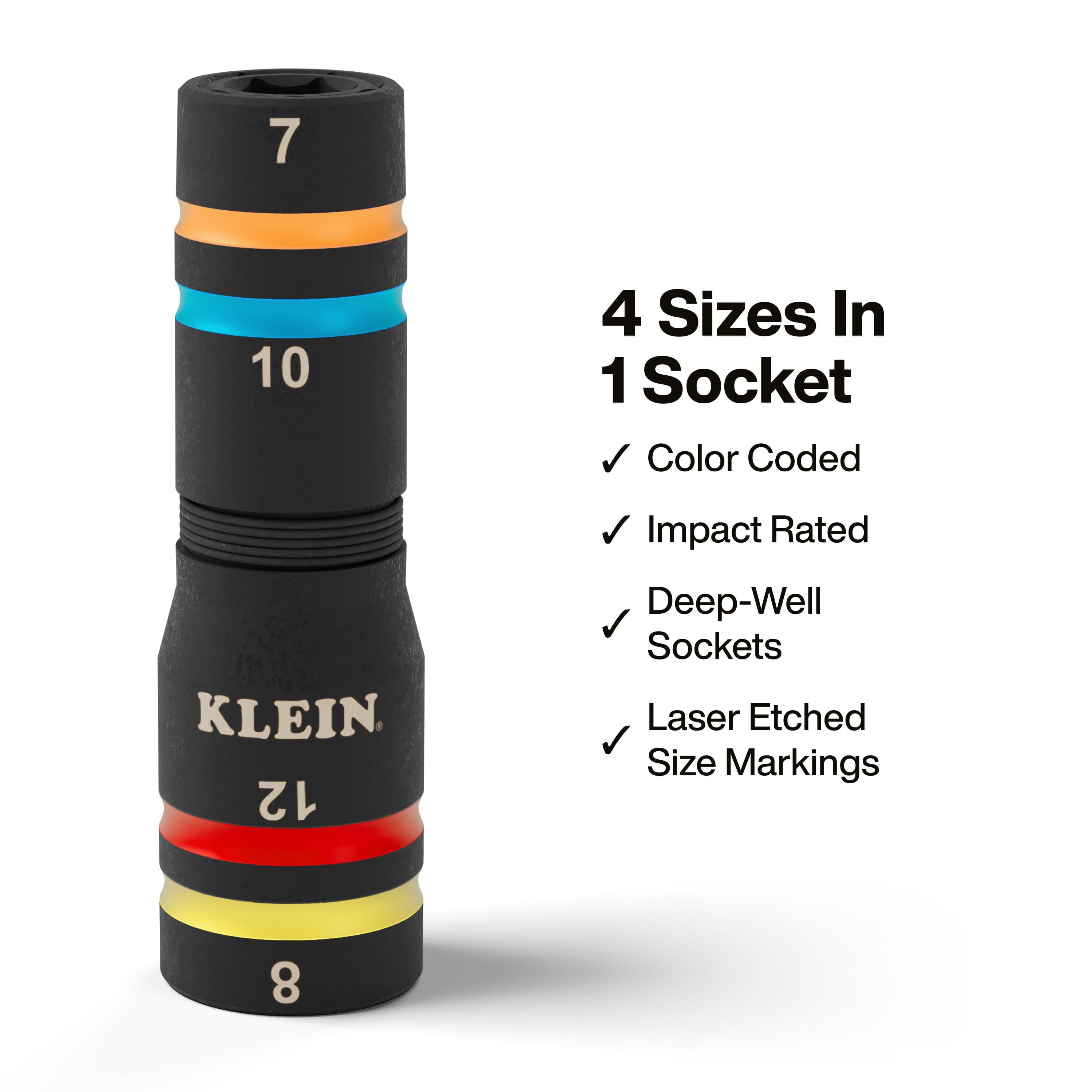 Diagram detailing 4 metric sizes in 1 socket body, color-coded rings, deep-well design, and impact-rated alloy steel construction.