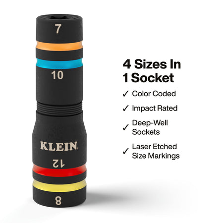 Diagram detailing 4 metric sizes in 1 socket body, color-coded rings, deep-well design, and impact-rated alloy steel construction.