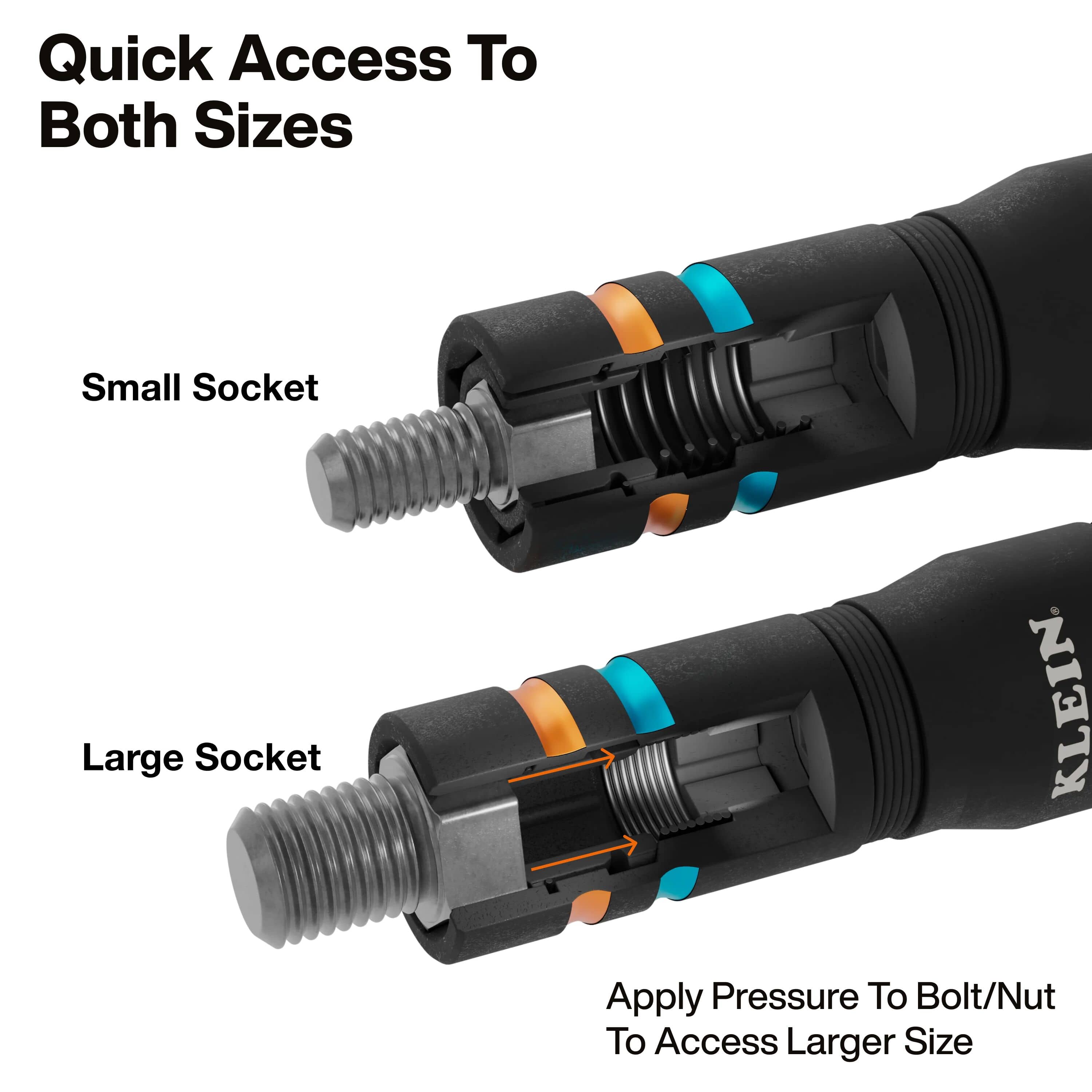 Diagram demonstrating spring-loaded coaxial action where applying pressure retracts inner sleeve walls to engage larger metric hex heads.