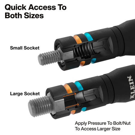 Diagram demonstrating spring-loaded coaxial action where applying pressure retracts inner sleeve walls to engage larger metric hex heads.