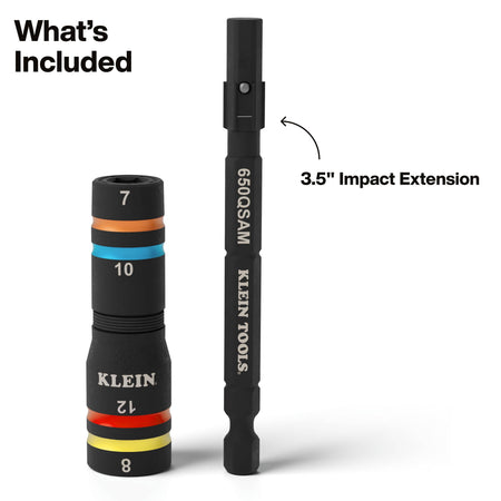 Overview of included components showing the Klein Quad-4 metric flip socket alongside its 3.5-inch impact extension adapter shank.
