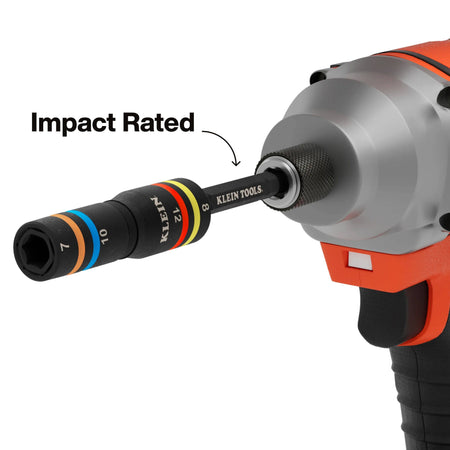 Klein 651MQS Quad-4 metric flip socket mounted on a power impact driver chuck to highlight high-torque impact compatibility.