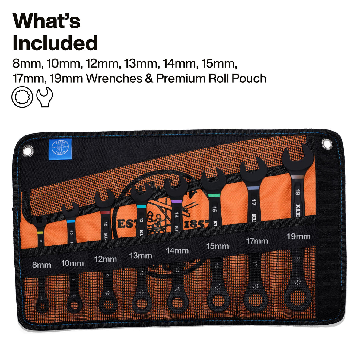 Diagram showing 8 metric combination wrenches (8 to 19 mm) organized inside labeled slots of a heavy-duty fabric roll-pouch.