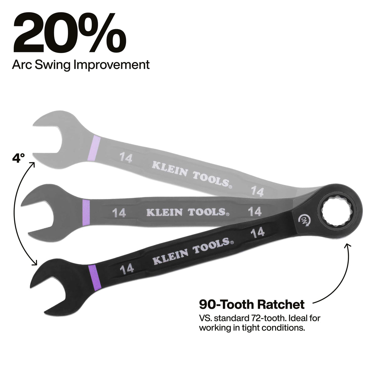 Diagram demonstrating the 90-tooth ratcheting gear with a 4-degree arc swing that delivers 20 percent better swing efficiency in tight spots.