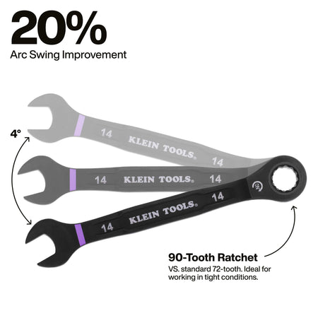 Diagram demonstrating the 90-tooth ratcheting gear with a 4-degree arc swing that delivers 20 percent better swing efficiency in tight spots.