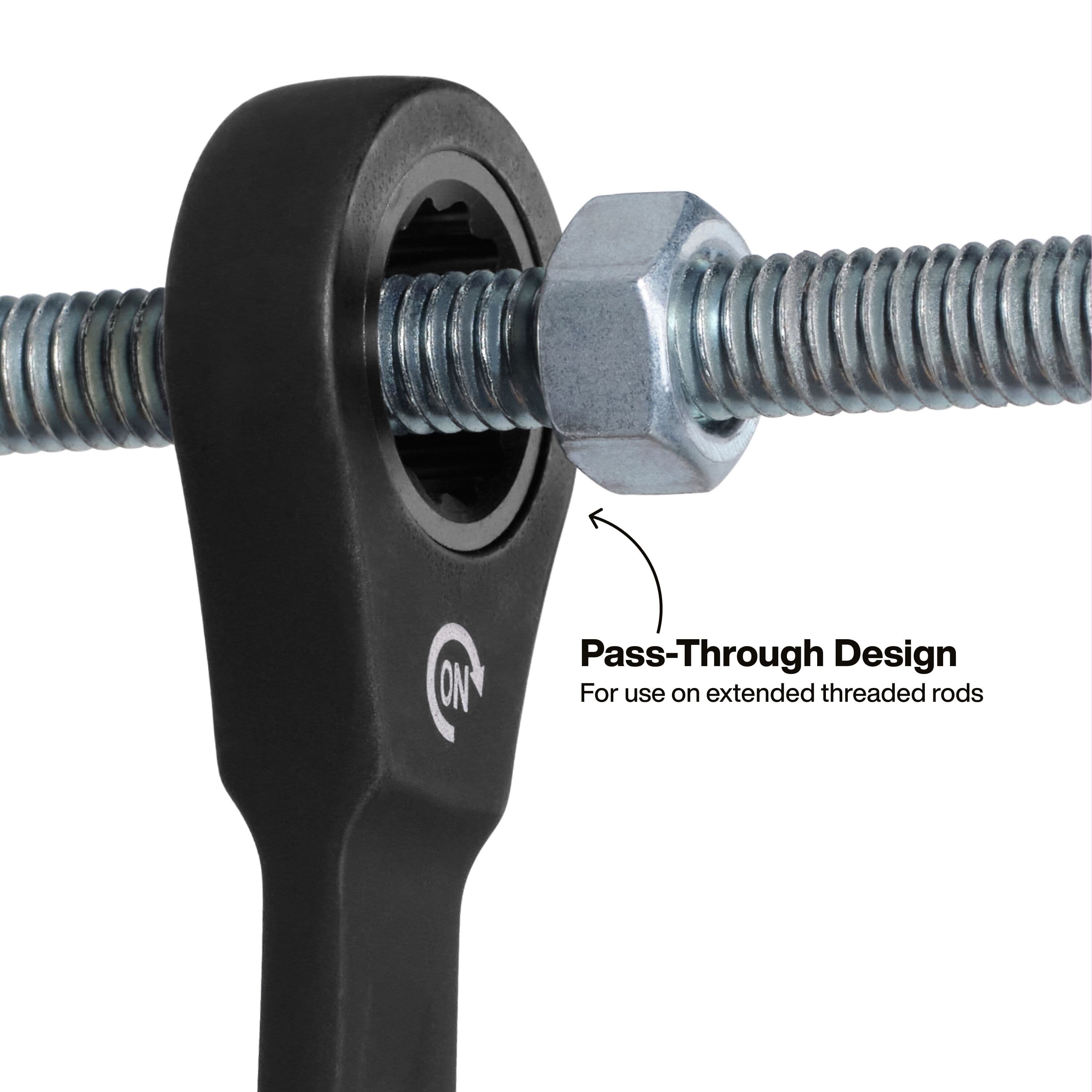 Close-up of a ratcheting box end running a metric nut down a long threaded rod to illustrate hollow pass-through depth clearance.