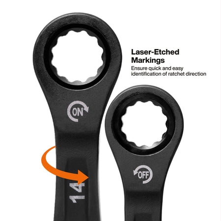 Close-up of laser-etched ON and OFF markings on the ratcheting box head to show clear visual drive direction verification.