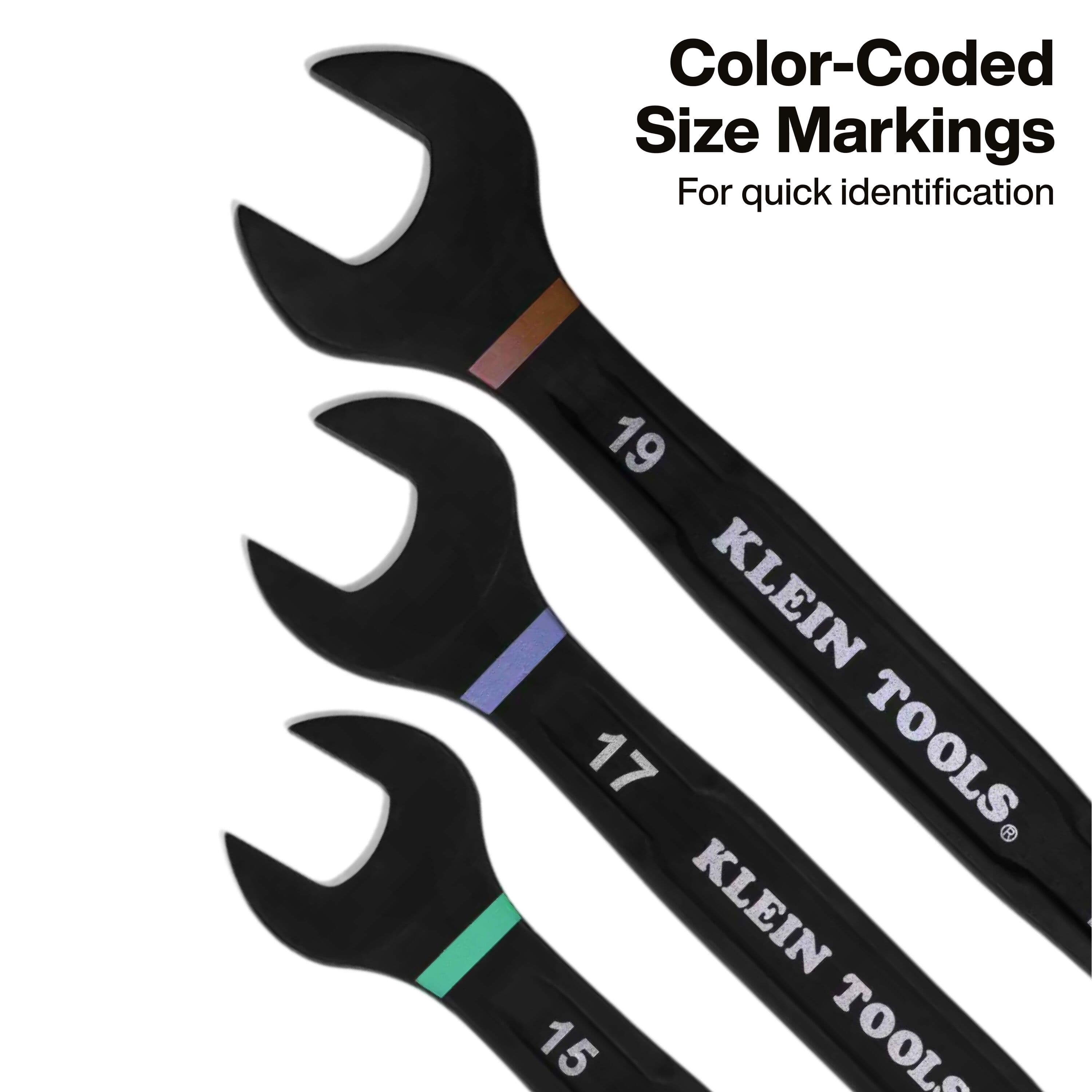 Open ends of Klein metric combination wrenches highlighting distinct color-coded size identification rings for rapid jobsite selection.