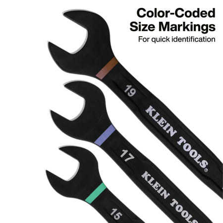Open ends of Klein metric combination wrenches highlighting distinct color-coded size identification rings for rapid jobsite selection.