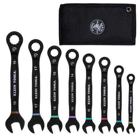 Full set view of 8 Klein black phosphate metric ratcheting combination wrenches alongside their compact fabric storage pouch.