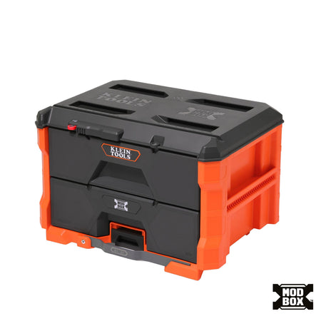 Klein Tools MODbox two-drawer modular toolbox made of impact-resistant orange and black polymer for jobsite tool organization.