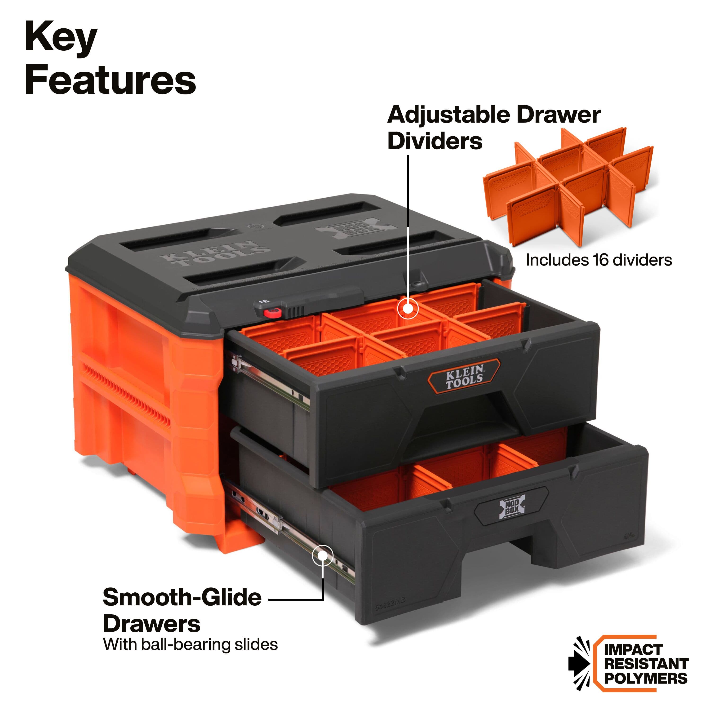 Klein MODbox two-drawer toolbox open on smooth ball-bearing slides with 16 removable orange dividers for custom tool storage.