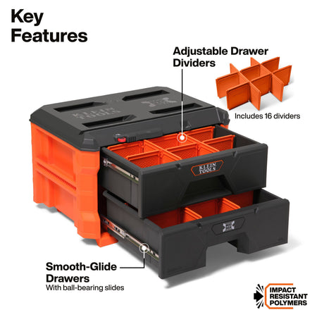 Klein MODbox two-drawer toolbox open on smooth ball-bearing slides with 16 removable orange dividers for custom tool storage.