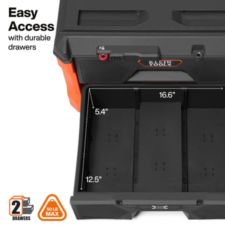 Interior view of Klein MODbox drawer shows 16.6 by 12.5 by 5.4-inch dimensions and a heavy-duty 50-pound maximum load capacity.
