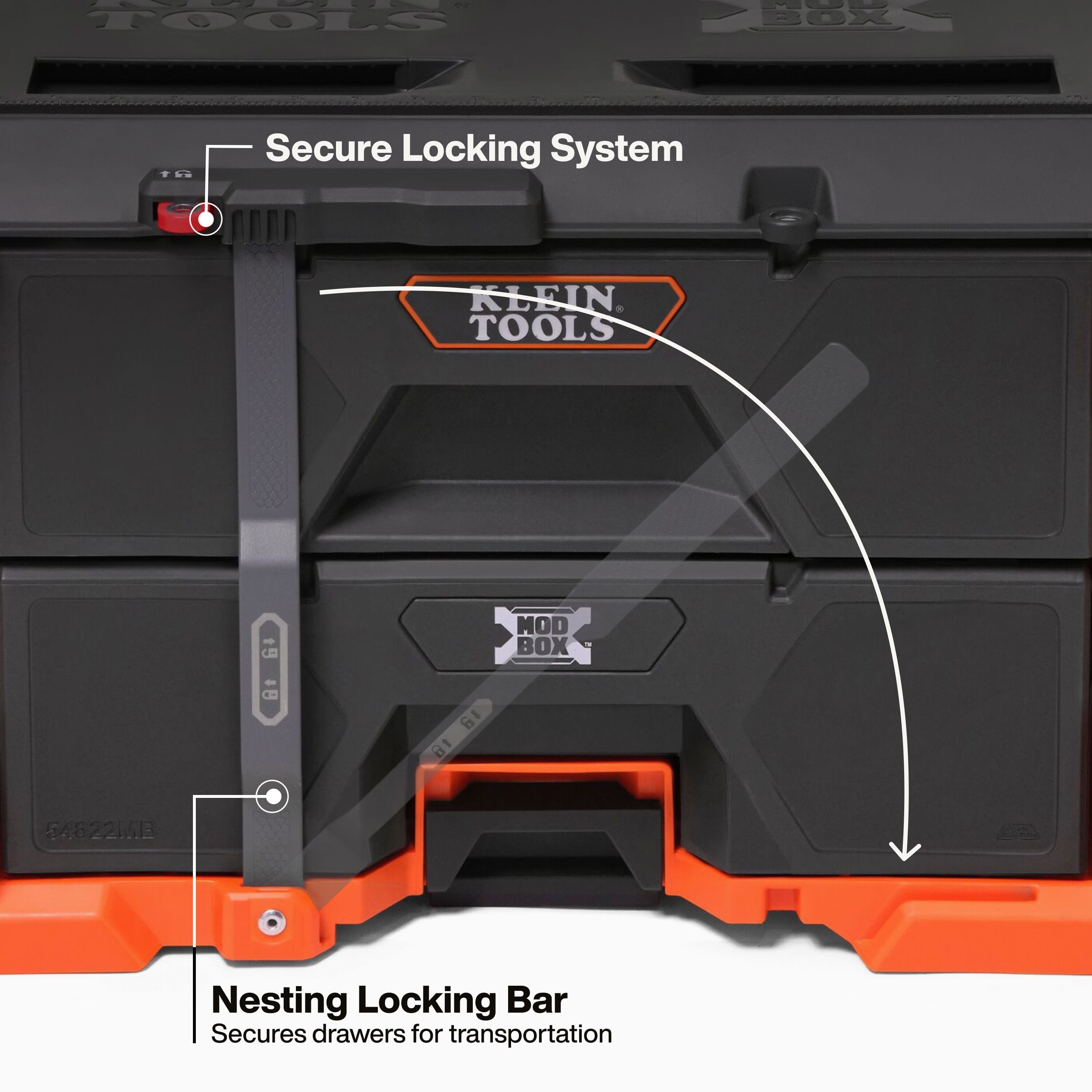 Klein MODbox secure locking system features an integrated front nesting locking bar that secures both drawers during transit.