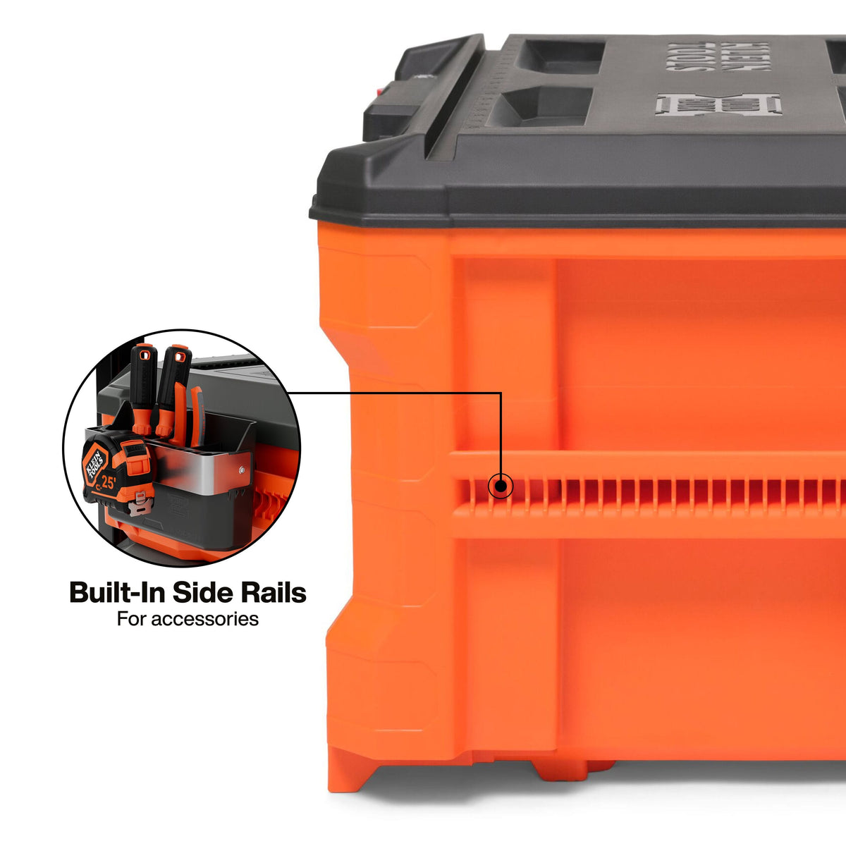 Built-in MODbox side rails provide quick-access exterior mounting points for tool pouches, screwdrivers, and tape measures.