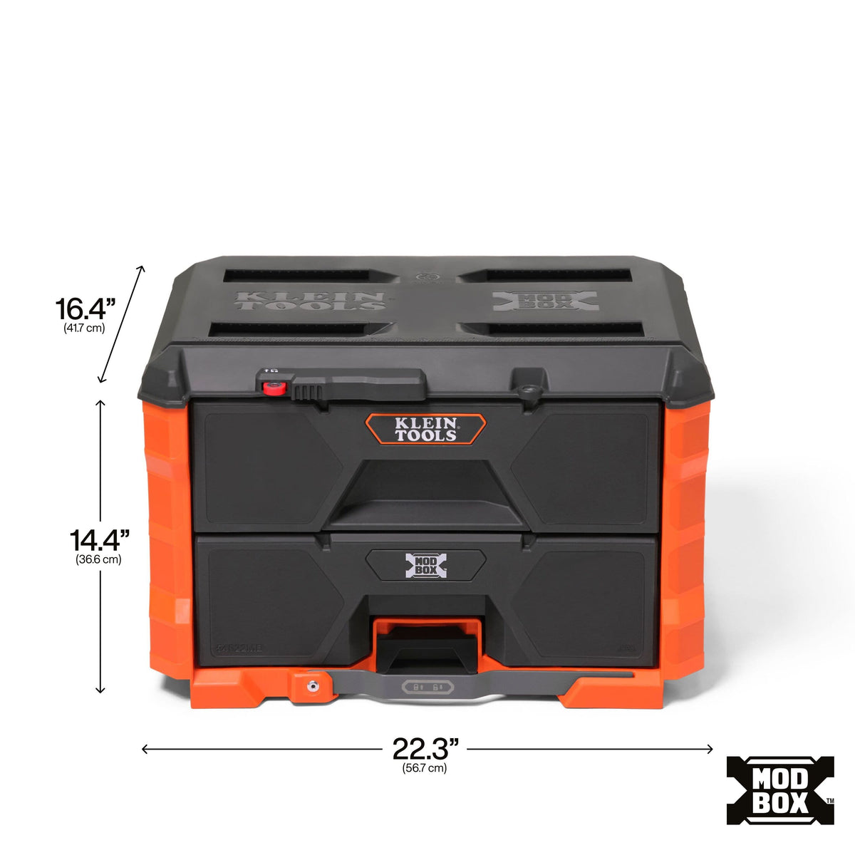 Exterior dimensions of the Klein Tools MODbox two-drawer toolbox measure 22.3 inches wide, 16.4 inches deep, and 14.4 inches high.