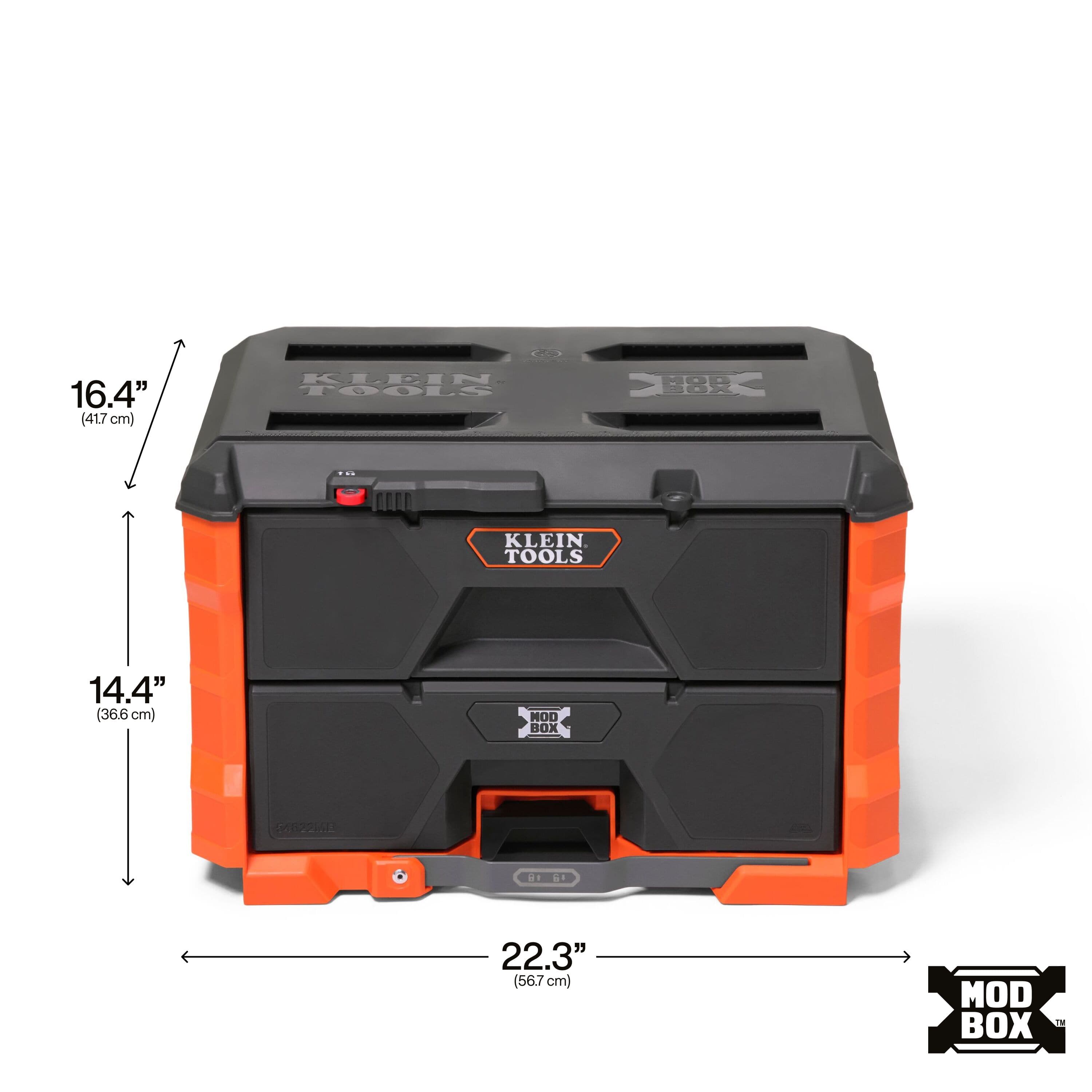 Exterior dimensions of the Klein Tools MODbox two-drawer toolbox measure 22.3 inches wide, 16.4 inches deep, and 14.4 inches high.