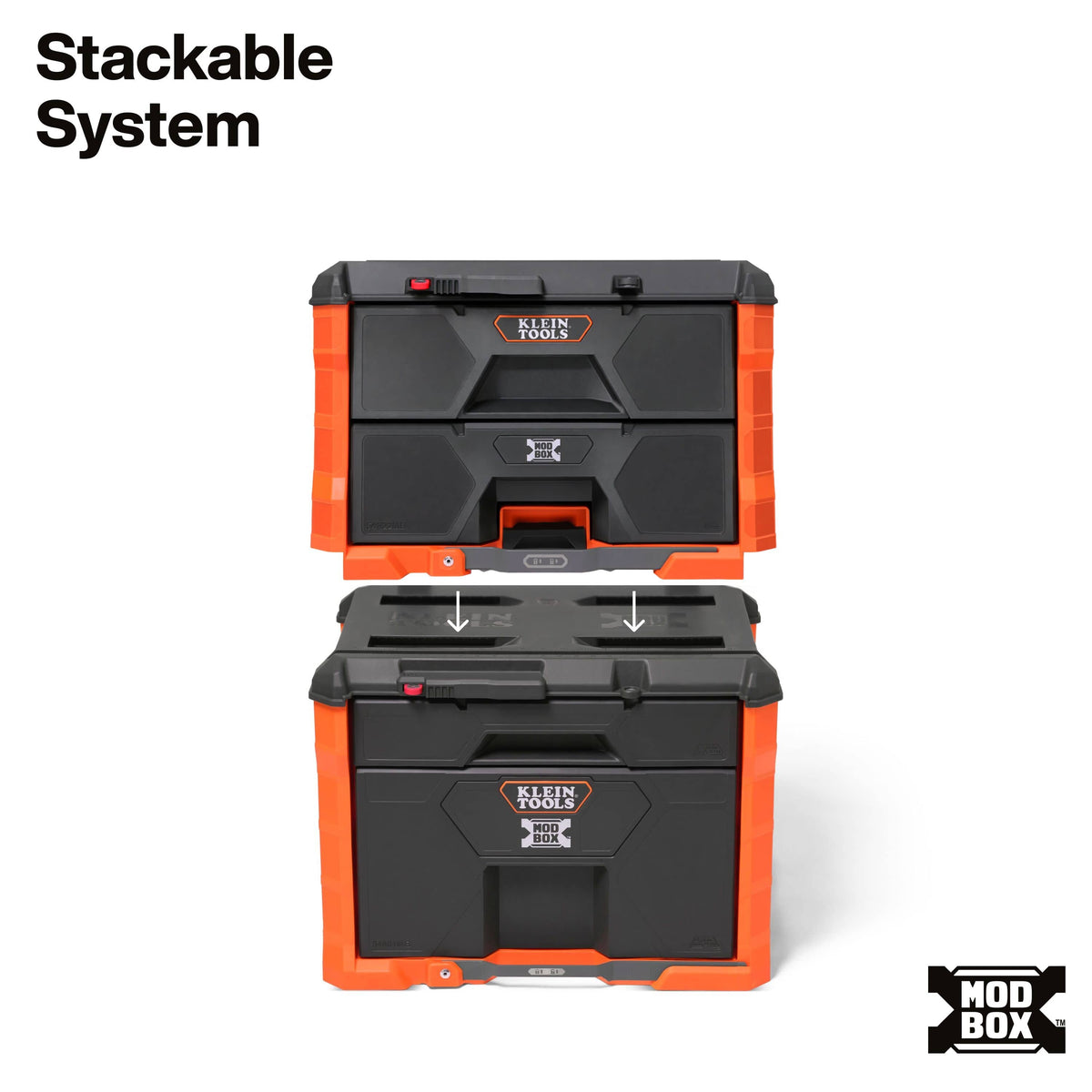 Klein Tools MODbox interlocking stackable system illustrates vertical module connection without blocking lower drawer access.