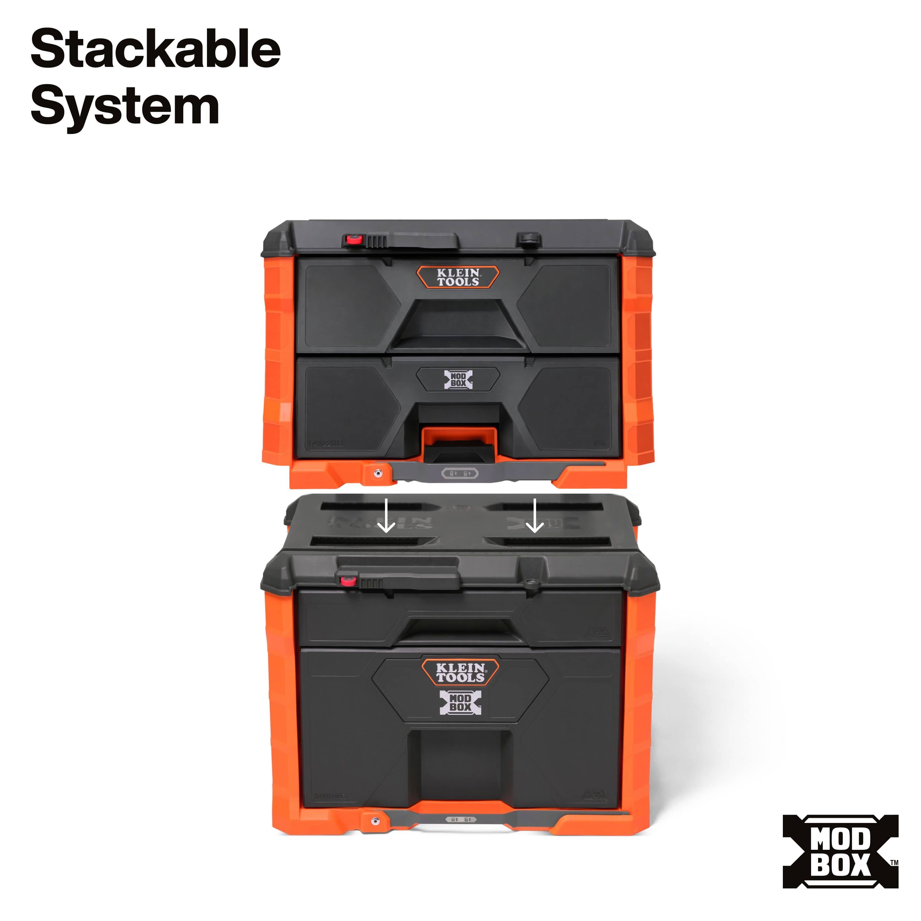 Klein Tools MODbox interlocking stackable system illustrates vertical module connection without blocking lower drawer access.