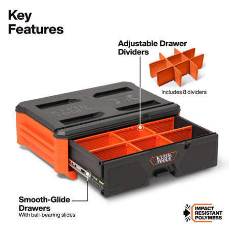 Klein MODbox single drawer features smooth-glide ball-bearing slides and 8 adjustable orange dividers for organized tool storage.