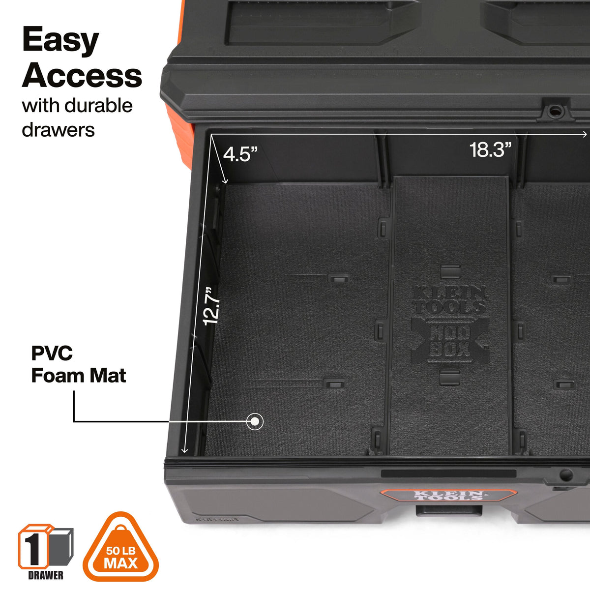 Interior view of Klein MODbox drawer shows 18.3 by 12.7 by 4.5-inch dimensions with a protective PVC foam mat and 50 lb capacity.