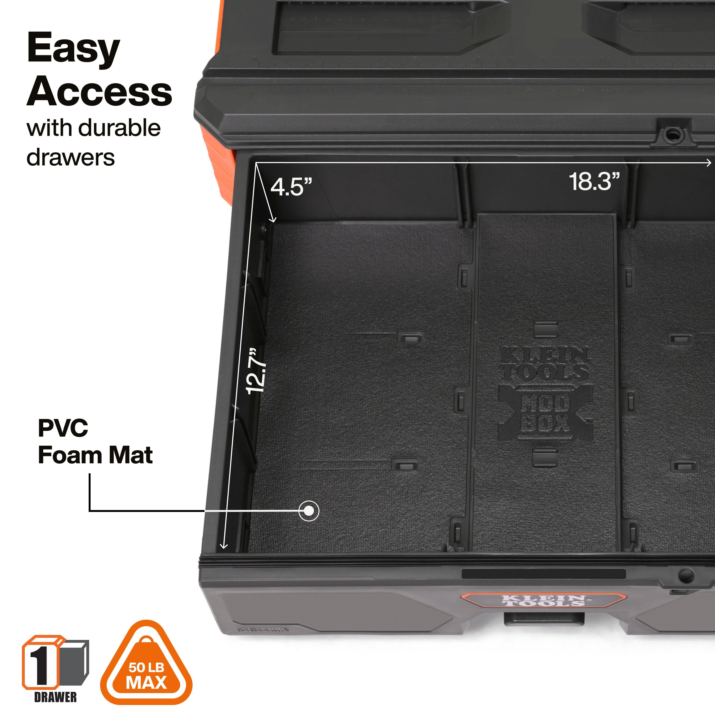 Interior view of Klein MODbox drawer shows 18.3 by 12.7 by 4.5-inch dimensions with a protective PVC foam mat and 50 lb capacity.