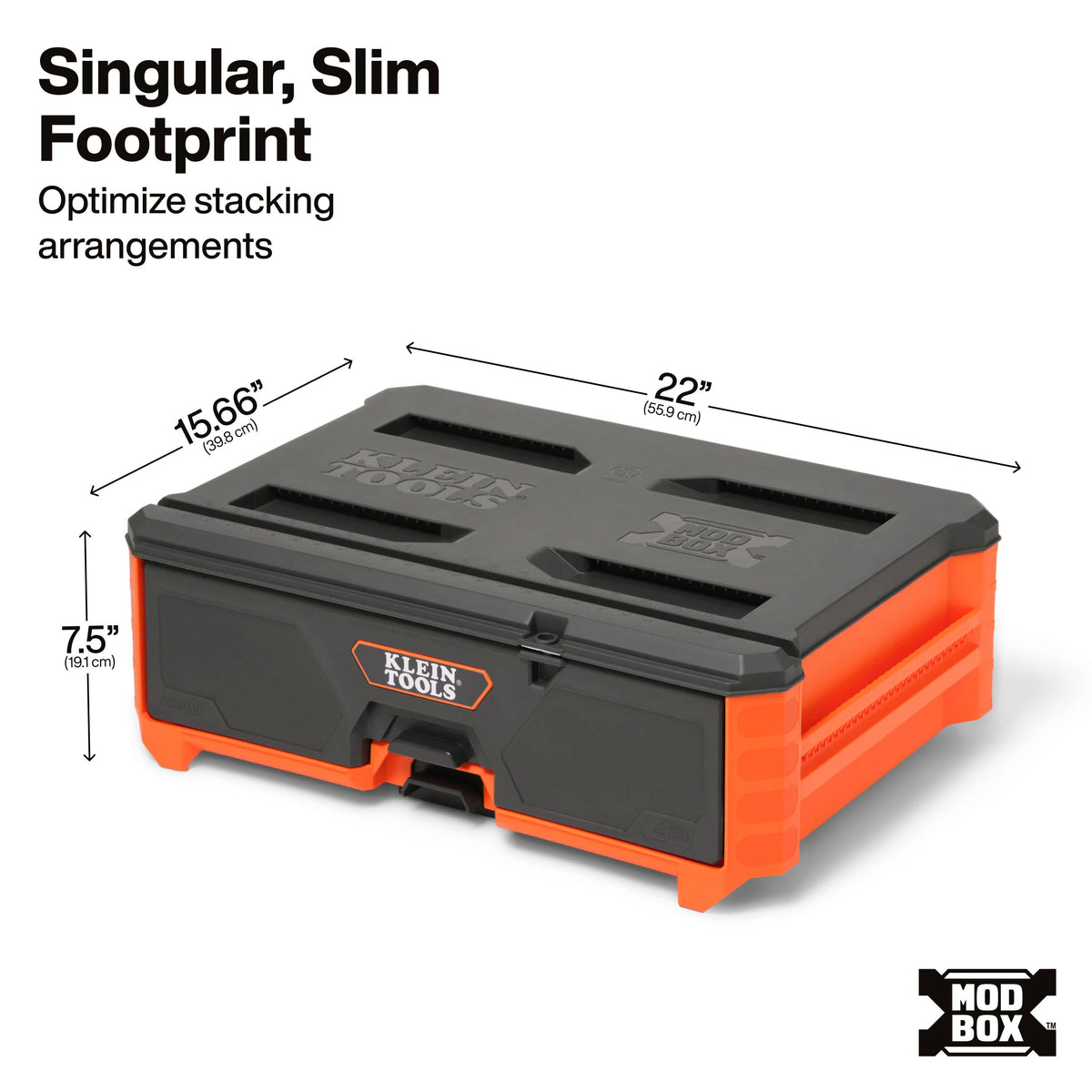 Klein MODbox compact toolbox dimensions display a slim 22-inch width, 15.66-inch length, and 7.5-inch height for optimized stacking.