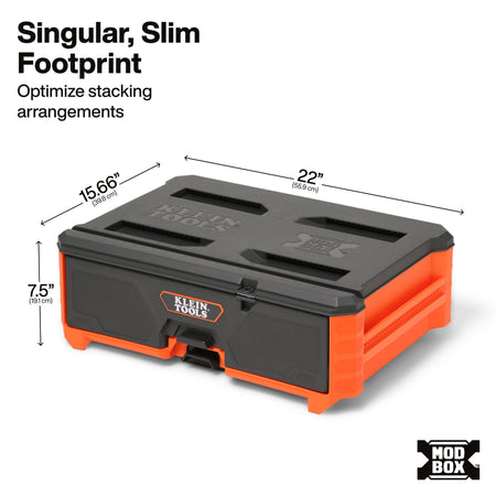 Klein MODbox compact toolbox dimensions display a slim 22-inch width, 15.66-inch length, and 7.5-inch height for optimized stacking.