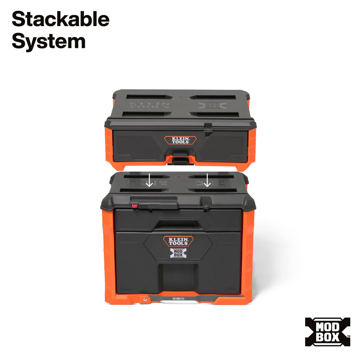 Klein MODbox stackable system demonstrates how the compact single drawer locks directly onto larger rolling base units.