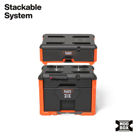 Klein MODbox stackable system demonstrates how the compact single drawer locks directly onto larger rolling base units.