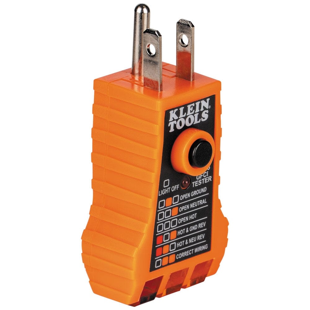 A side perspective view of the orange receptacle tester showcasing the ergonomic ribbed housing and the standard three-prong plug configuration.