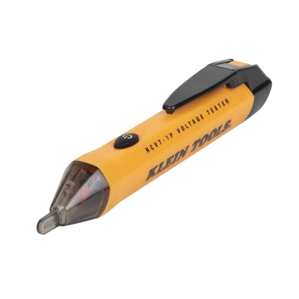 An angled studio shot of the Klein Tools NCVT1P non-contact voltage tester pen. The device features a bright yellow polymer body, a black pocket clip, a power button, and a clear plastic tip for electrical circuit detection.