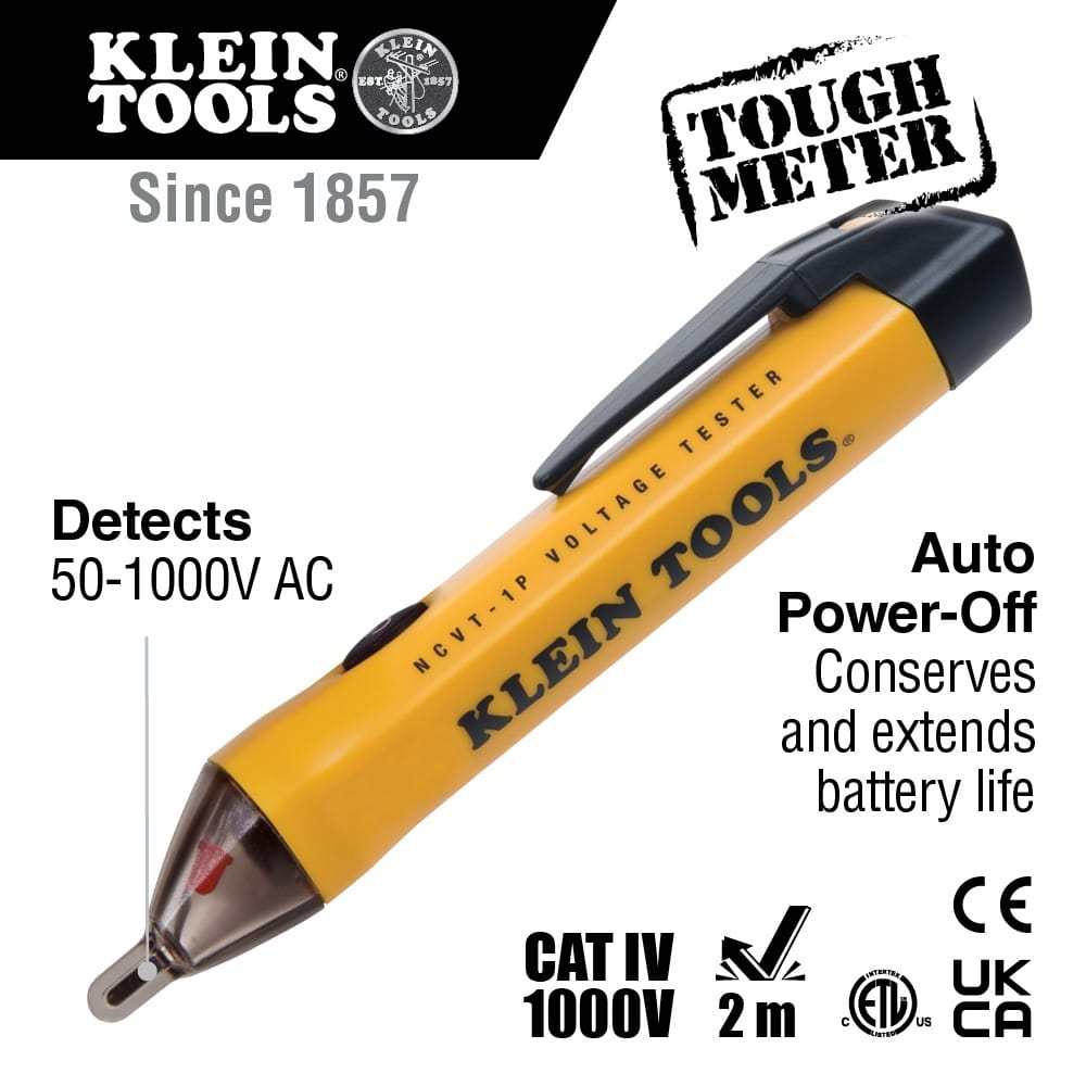A marketing infographic for the Klein Tools NCVT1P volt pen. Text highlights include the 50 to 1000V AC detection range, auto power-off battery conservation, CAT IV 1000V safety rating, and 2-meter drop protection.