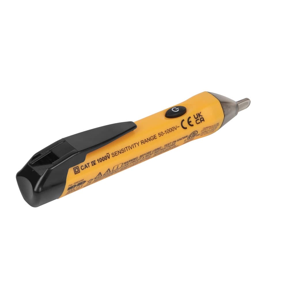 A rear perspective view of the NCVT1P electrical tester pen. The image showcases the streamlined design, integrated pocket clip, and safety compliance markings printed on the yellow body.