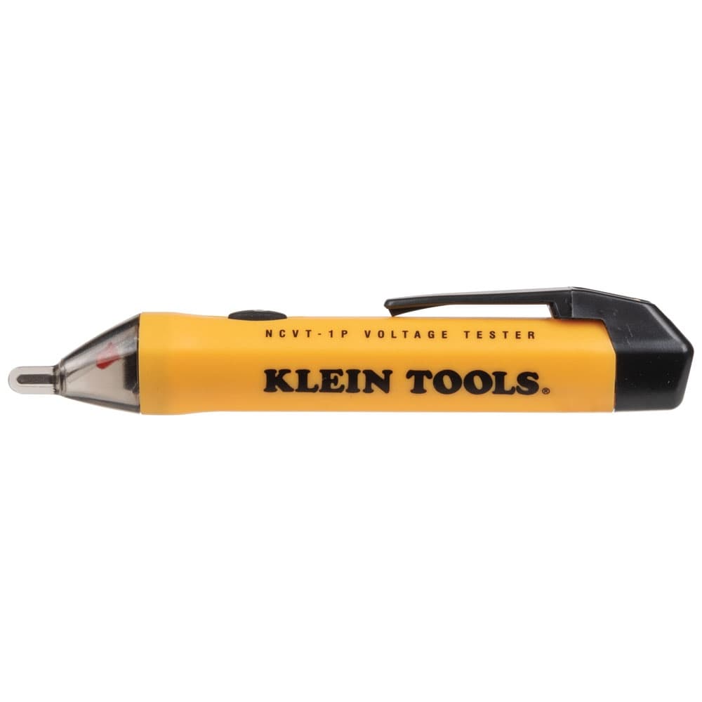 A direct side profile of the Klein Tools NCVT1P non-contact voltage tester, highlighting the ergonomic shape, black power button, and the bold black Klein Tools logo.