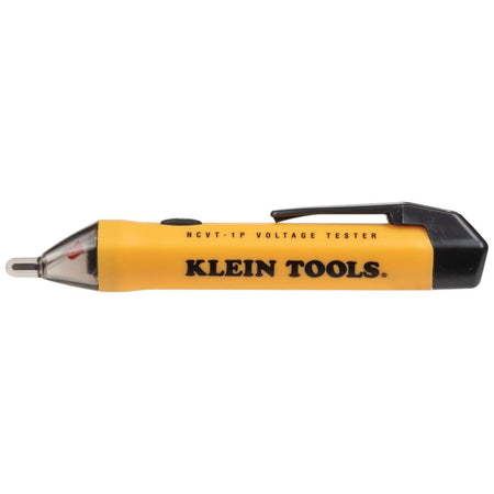 A direct side profile of the Klein Tools NCVT1P non-contact voltage tester, highlighting the ergonomic shape, black power button, and the bold black Klein Tools logo.