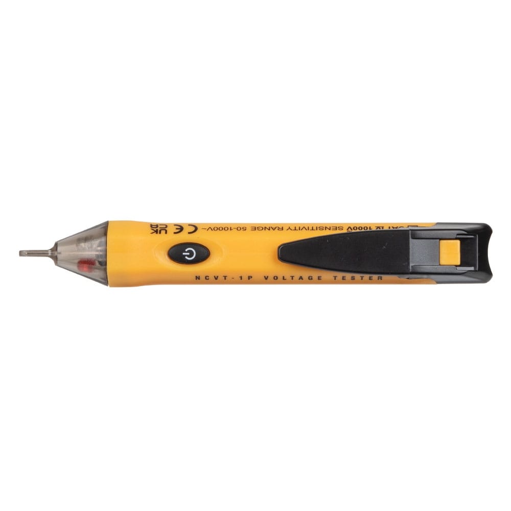 A top-down view of the NCVT1P volt pen, showing the symmetrical design, the black power button, and the clear tip where the red visual LED indicator illuminates during voltage detection.