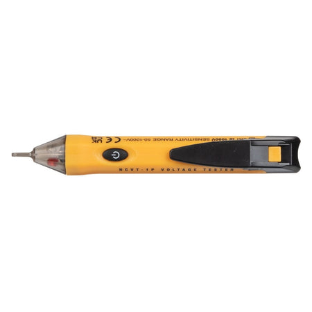 A top-down view of the NCVT1P volt pen, showing the symmetrical design, the black power button, and the clear tip where the red visual LED indicator illuminates during voltage detection.