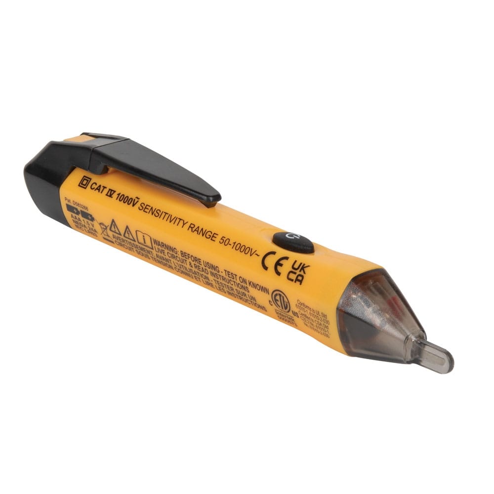 An angled rear-view shot of the Klein Tools NCVT1P voltage tester, displaying the safety certification stamps including the CE and UKCA markings on the yellow housing.