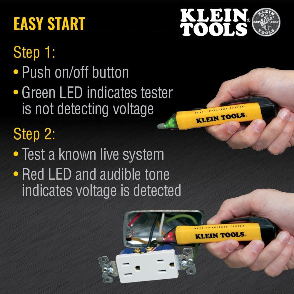 An "Easy Start" guide showing the NCVT1P in use. Step one shows the green LED indicating power-on with no voltage detected. Step two shows the red LED and audible alarm activating when the pen is placed near a live electrical outlet.