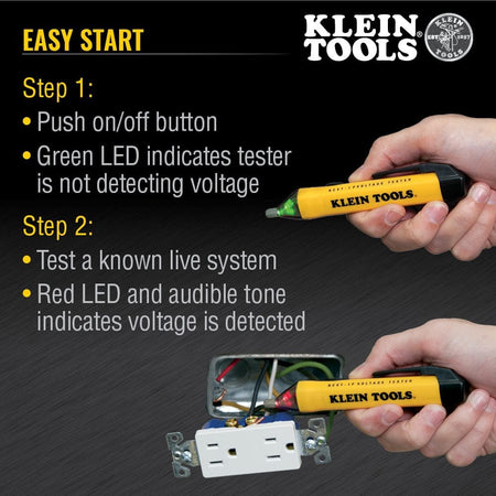 An "Easy Start" guide showing the NCVT1P in use. Step one shows the green LED indicating power-on with no voltage detected. Step two shows the red LED and audible alarm activating when the pen is placed near a live electrical outlet.