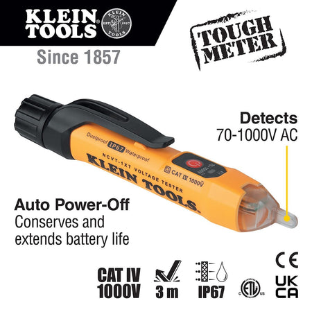 Product infographic for the NCVT-1XT non-contact voltage tester highlighting its rugged design. Text callouts emphasize the 70 to 1000V AC detection range, 3-meter drop protection, IP67 waterproof and dustproof rating, CAT IV 1000V safety standard, and the auto power-off battery conservation feature.